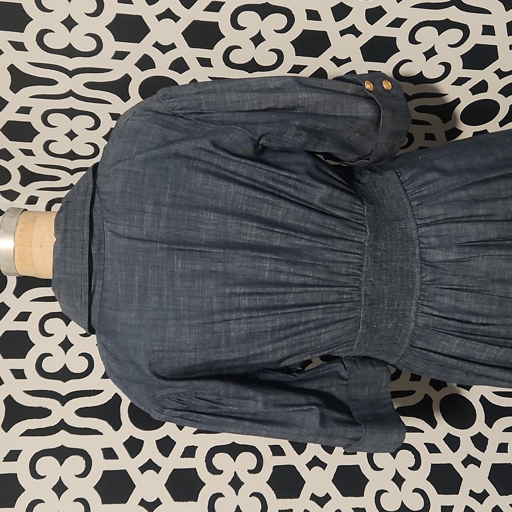 eShakti Retro Chambray Midi Shirtdress - Indigo Blue Denim Gold Buttons -Sz 14 - Picture 9 of 13